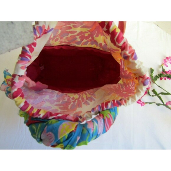 Bath and Body Works Straw Purse Vtg Whimsical Faux Leather Trim Draw Pink Floral - Picture 7 of 8